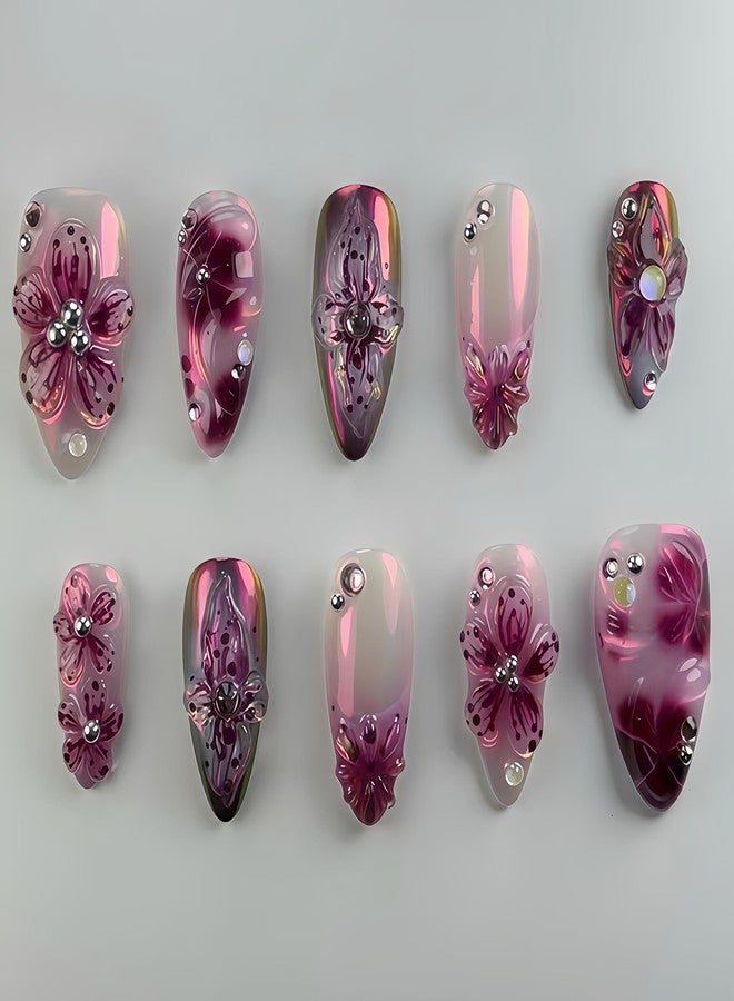 SHUXILIN 24Pcs Burgundy Gradient Flower Press on Nails Medium Almond Fake Nails with 3D Pearl Design Ombre False Nails Glue on Nails Artificial Hibiscus Acrylic Nail Floral Stick on Nail for Women - Image 1